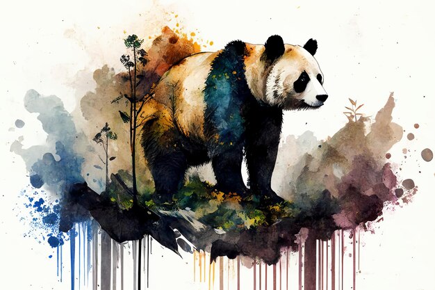 Ein Panda steht auf einem weißen Hintergrund und zeichnet Aquarellbäume im Hintergrund Generative KI