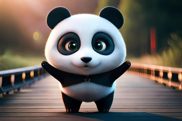 Ein Panda steht auf einer Brücke mit einem Schild mit der Aufschrift „Panda“.