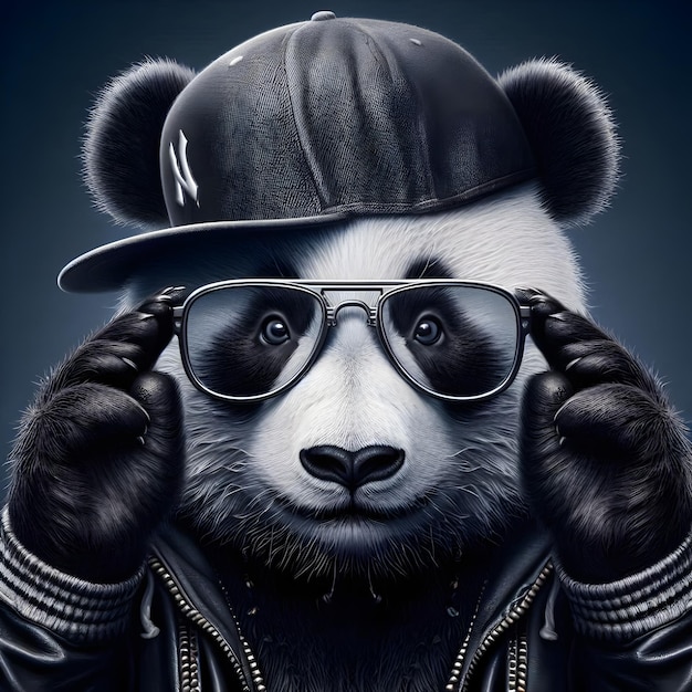 Foto ein panda trägt einen hut und eine sonnenbrille mit einem hut, auf dem steht panda