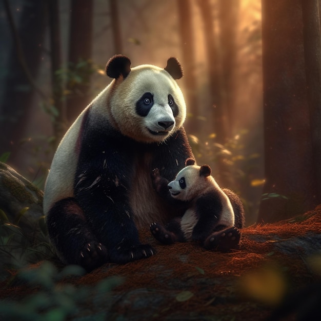 Ein Panda und ihr Junges sitzen in einem Wald.