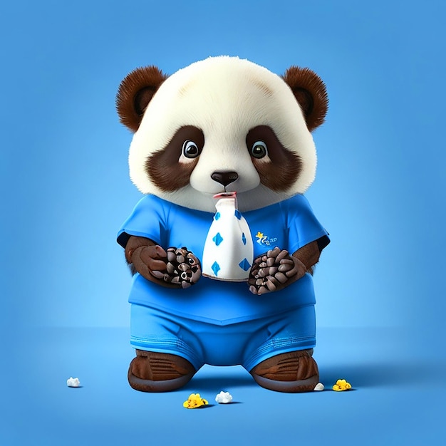 Ein Pandababy, das blaue Shorts und ein weißes T-Shirt trägt und ein Schokoladenbild in der Hand hält, kostenloser Download