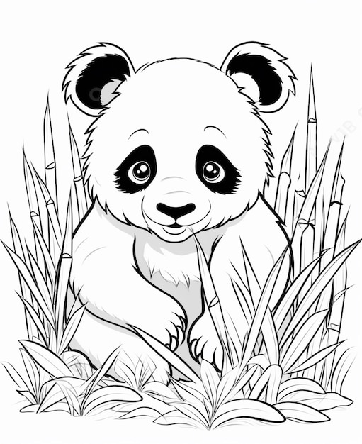 Foto ein pandabär, der mit offenen augen im gras sitzt, generative ki