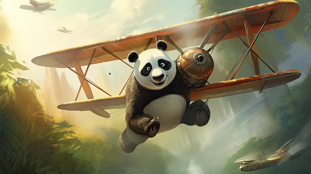 Ein Pandabär fliegt mit einem Spielzeugflugzeug in den Himmel.