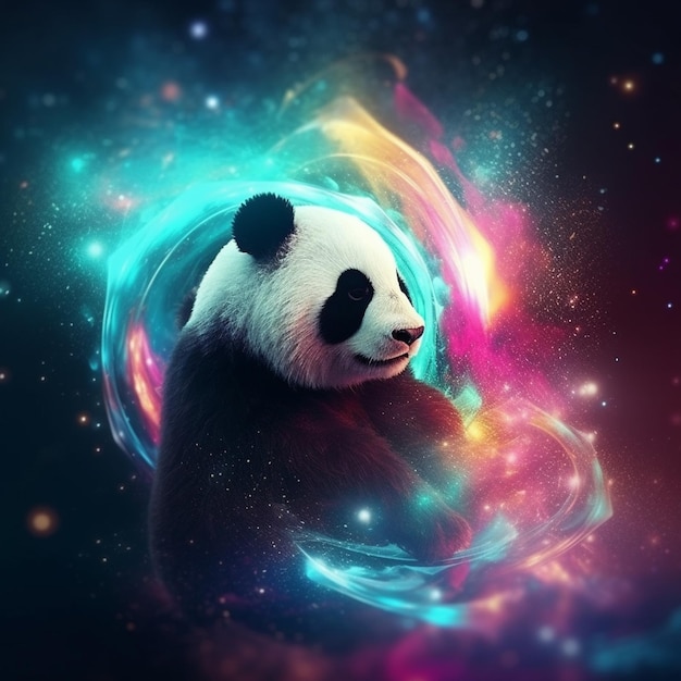 Foto ein pandabär ist von einer galaxie umgeben und die farben sind blau und rosa.