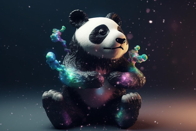 Ein Pandabär mit buntem Hintergrund und schwarzem Hintergrund.