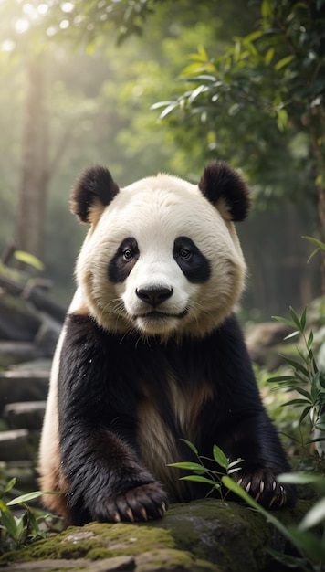 Ein Pandabär mit schwarzen Augen sitzt in einem Wald.