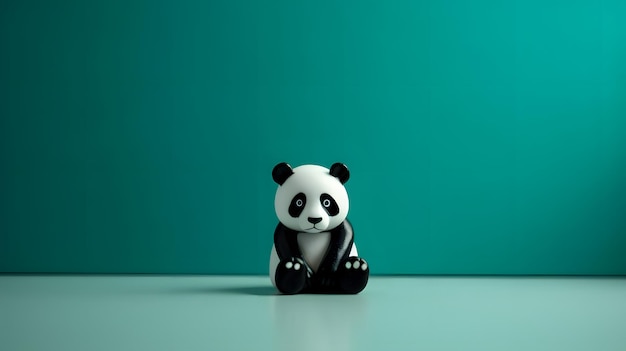 Ein Pandabär sitzt auf einem Tisch vor einer grünen Wand.