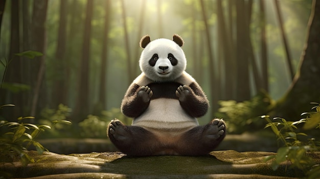 Ein Pandabär sitzt im Wald, die Sonne im Rücken.