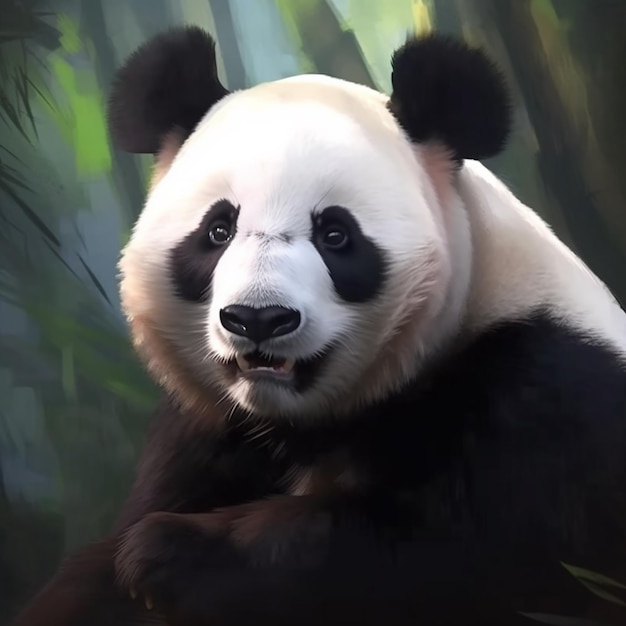 Ein Pandabär sitzt in einem Wald mit einem Gemälde von Bäumen im Hintergrund.