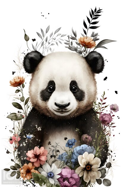 Ein Pandabär sitzt in einer Blumenlandschaft