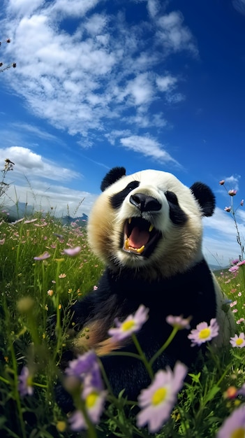 Ein Pandabär sitzt in einer Blumenwiese und der Himmel ist blau.