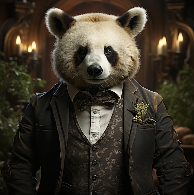 Ein Pandabär trägt eine Jacke mit Fliege und eine Jacke mit einer Blume darauf.