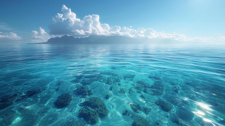 Foto ein panoramablick auf das unberührte azurblaue wasser, das sich so weit erstreckt, wie das auge sehen kann.