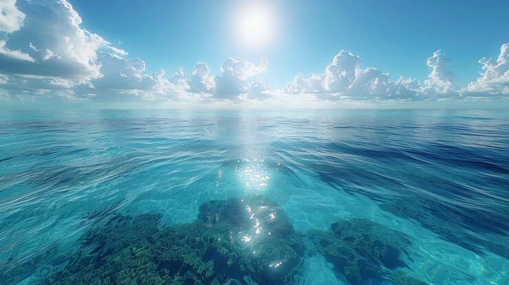 Foto ein panoramablick auf das unberührte azurblaue wasser, das sich so weit erstreckt, wie das auge sehen kann.