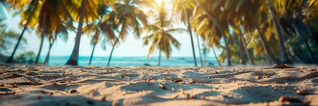 Ein Panoramablick auf den Sonnenaufgang eines tropischen Strandes mit Sonnenstrahlen, die den strukturierten Sand und die schwankenden Palmen beleuchten