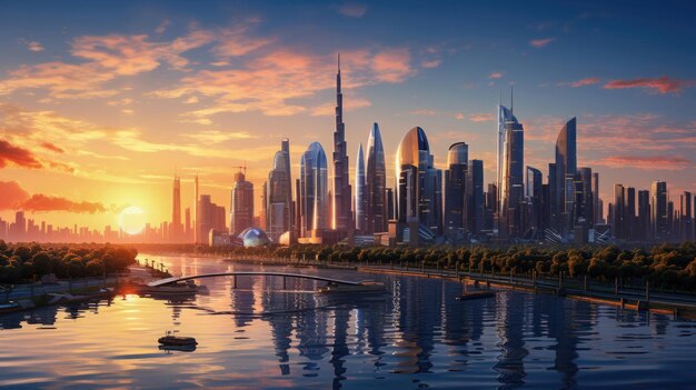 Ein Panoramablick auf die futuristische Architektur und die Wasserfront von Dubai