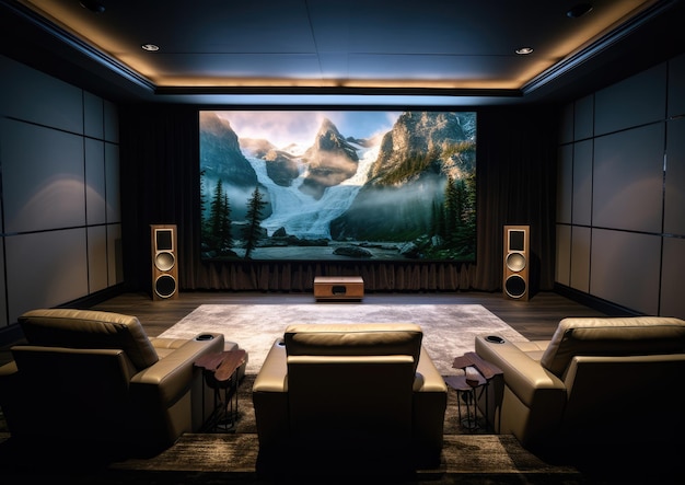 Ein Panoramablick auf ein High-End-Heimkino mit einem großen Flachbildschirm-TV