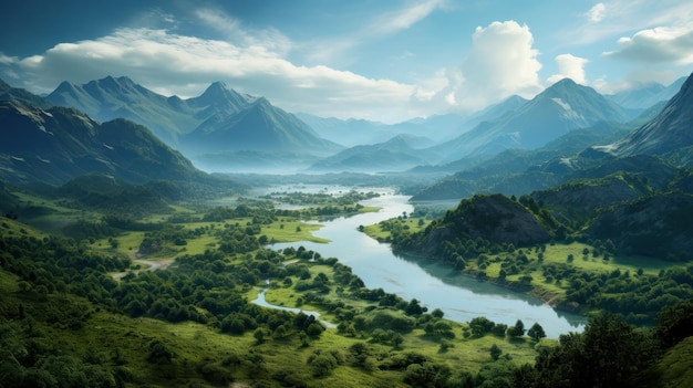 Ein Panoramablick auf eine ausgedehnte Bergkette mit kristallklaren Seen und üppigen Wäldern