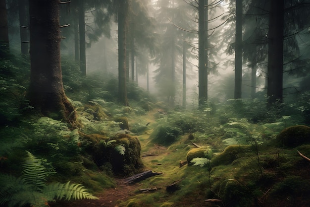 Ein Panoramablick auf einen üppigen Wald mit hohen Bäumen und einer nebligen Atmosphäre, die die Schönheit und Ruhe der Natur zeigt Generative Ai