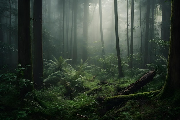 Ein Panoramablick auf einen üppigen Wald mit hohen Bäumen und einer nebligen Atmosphäre, die die Schönheit und Ruhe der Natur zeigt Generative Ai