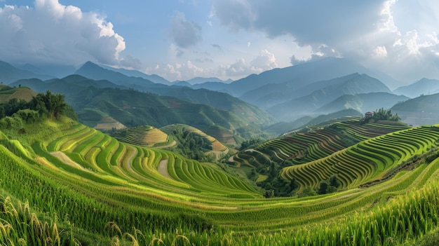 Ein Panoramablick auf terrassenförmige Reisfelder, die sich über sanfte Hügel erstrecken und die zeitlose Schönheit und Genialität der traditionellen landwirtschaftlichen Praktiken veranschaulichen