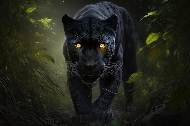 Ein Panther streift nachts durch den Dschungel, seine gelben Augen leuchten