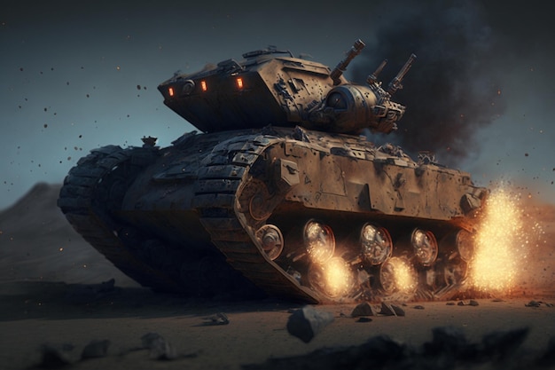 Ein Panzer brennt in der Wüste mit den Worten Panzer auf dem Panzer.