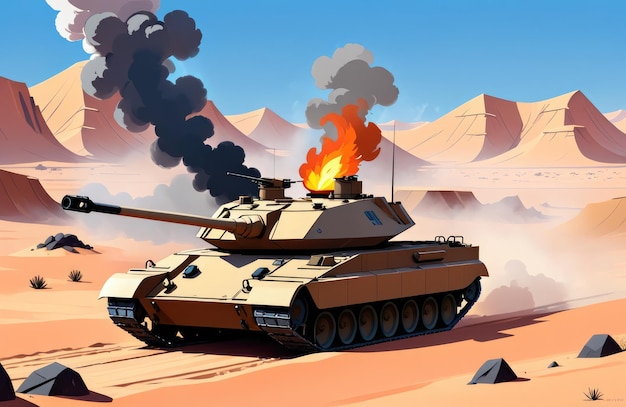 Ein Panzer inmitten einer Kriegszone mit Feuer und Rauch, der im Wüsten-Hintergrund schwebt