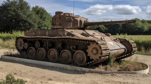 Ein Panzer steht auf dem Boden vor einem Feld.