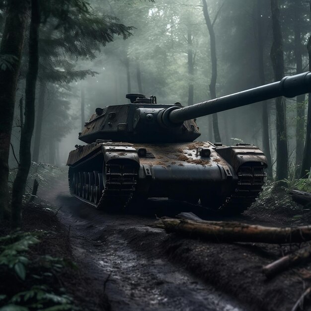 Ein Panzer steht in einem Wald und trägt das Wort Panzer darauf.