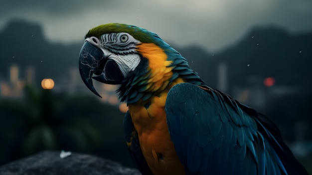 Ein Papagei mit blau-gelbem Gesicht sitzt auf einem Felsen vor einem Berg.