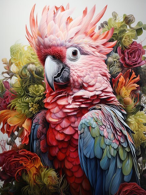 ein Papagei mit einem bunten Schnabel sitzt auf einem Blumenzweig.