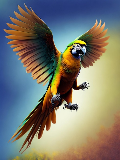 Ein Papagei mit gelben und grünen Federn fliegt in der Luft.