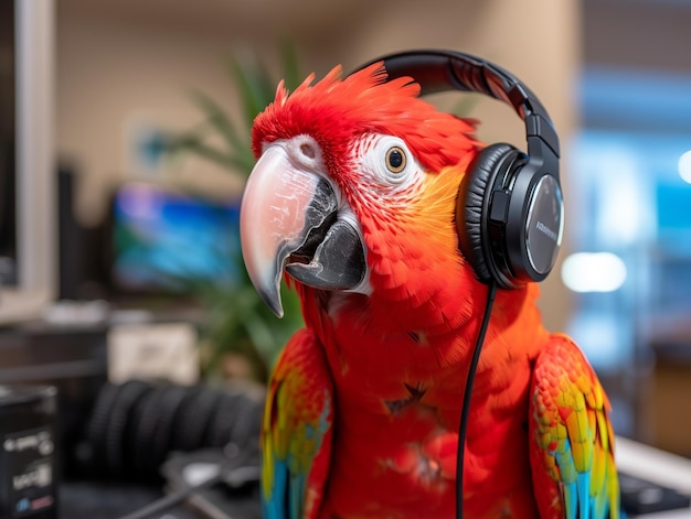 Ein Papagei mit Kopfhörern sitzt auf einem Schreibtisch.