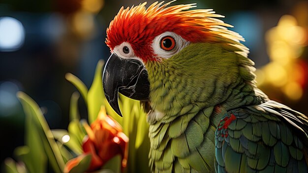 Foto ein papagei mit rotem kopf und orangefarbenen federn