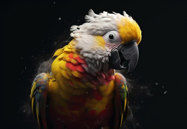 Ein Papagei mit schwarzem Hintergrund und gelbem Kopf.
