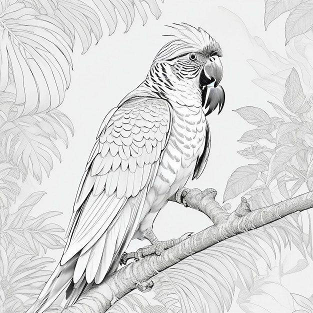 Ein Papagei sitzt auf einem Ast mit Blättern und Palmblättern.