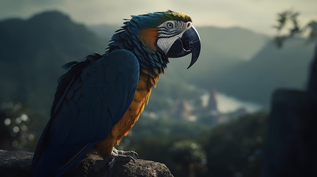 Ein Papagei sitzt auf einem Felsen vor einem Berg.