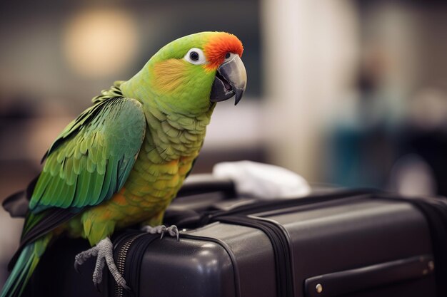 Ein Papagei sitzt in der Nähe einer Tasche am Flughafen, Nahaufnahme. Reisen mit einem Papagei. Reisekonzept