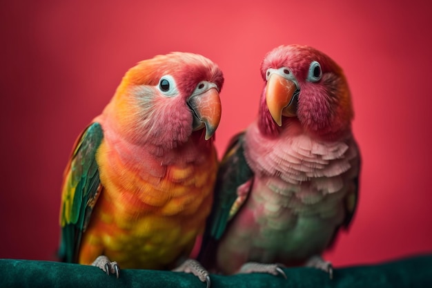 Ein Papagei und ein Papagei sitzen auf einer grünen Stange.