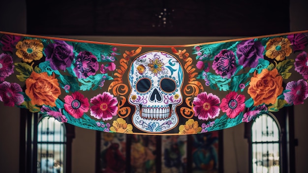 Foto ein papel-picado-banner mit bunten totenkopf- und blumenmotiven, das über einem altar hängt