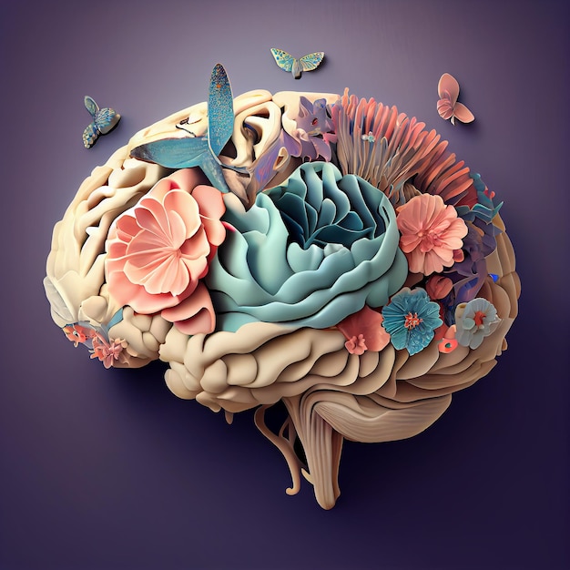 Ein Papierausschnitt eines menschlichen Gehirns mit Schmetterlingen darauf.