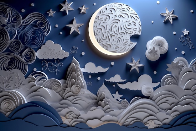 Ein Papierausschnitt eines Mondes und von Sternen mit einem Mond und Sternen im Hintergrund.