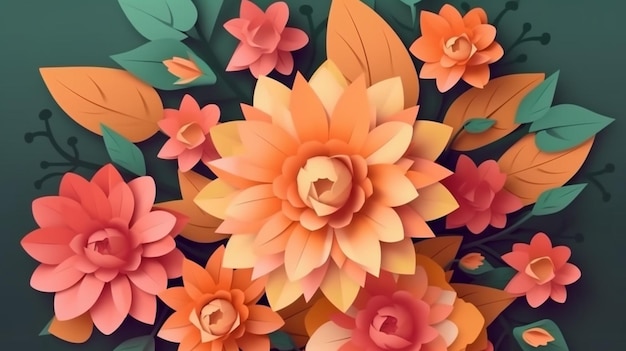 Ein Papierblumenhintergrund mit Blättern und Blumen.