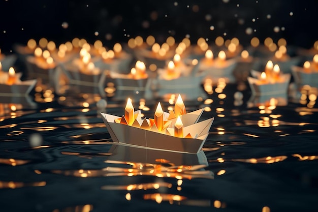 ein Papierboot mit im Wasser schwimmenden Kerzen