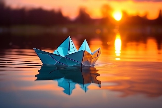 Foto ein papierboot schwimmt auf dem wasser, im hintergrund ist ein sonnenuntergang zu sehen.
