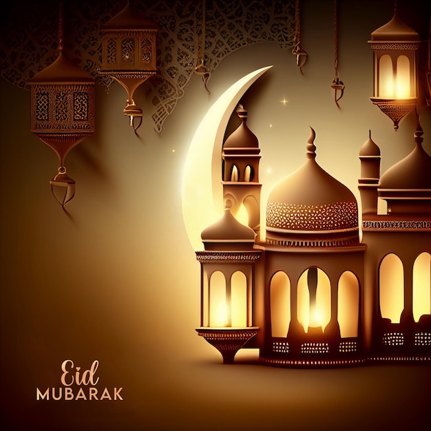 Ein Papierhintergrund mit dem Bild einer Moschee und einer Lampe mit der Aufschrift „eid mu mu muar“.