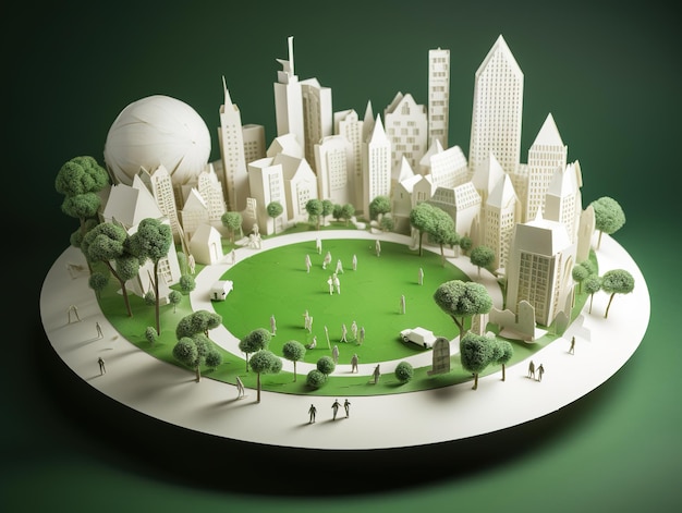 Ein Papiermodell einer Stadt mit einer Stadt im Hintergrund.