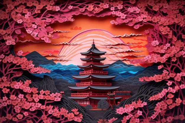 Ein Papierschnitt aus einer japanischen Pagode mit einem rosa Himmel und der Sonne dahinter