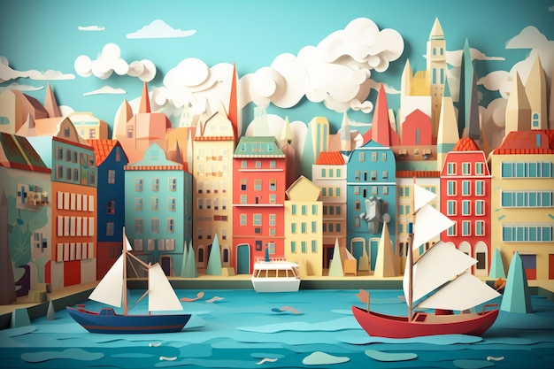 Ein Papierschnitt aus einer Stadt mit einem Boot und einer Stadt im Hintergrund.